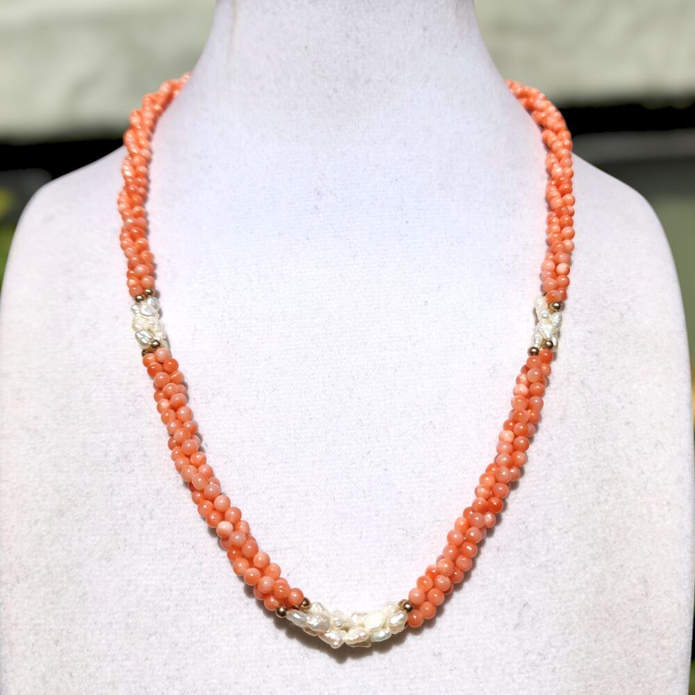 Vtg Angel Skin Coral 14k Gold Necklace Salmon Torsade Freshwater Rice Pearls